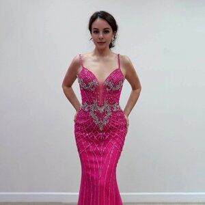 New Mermaid Long Prom Gown w/ Illusion Deep V-Neck & Beads Embroidery JT2709T